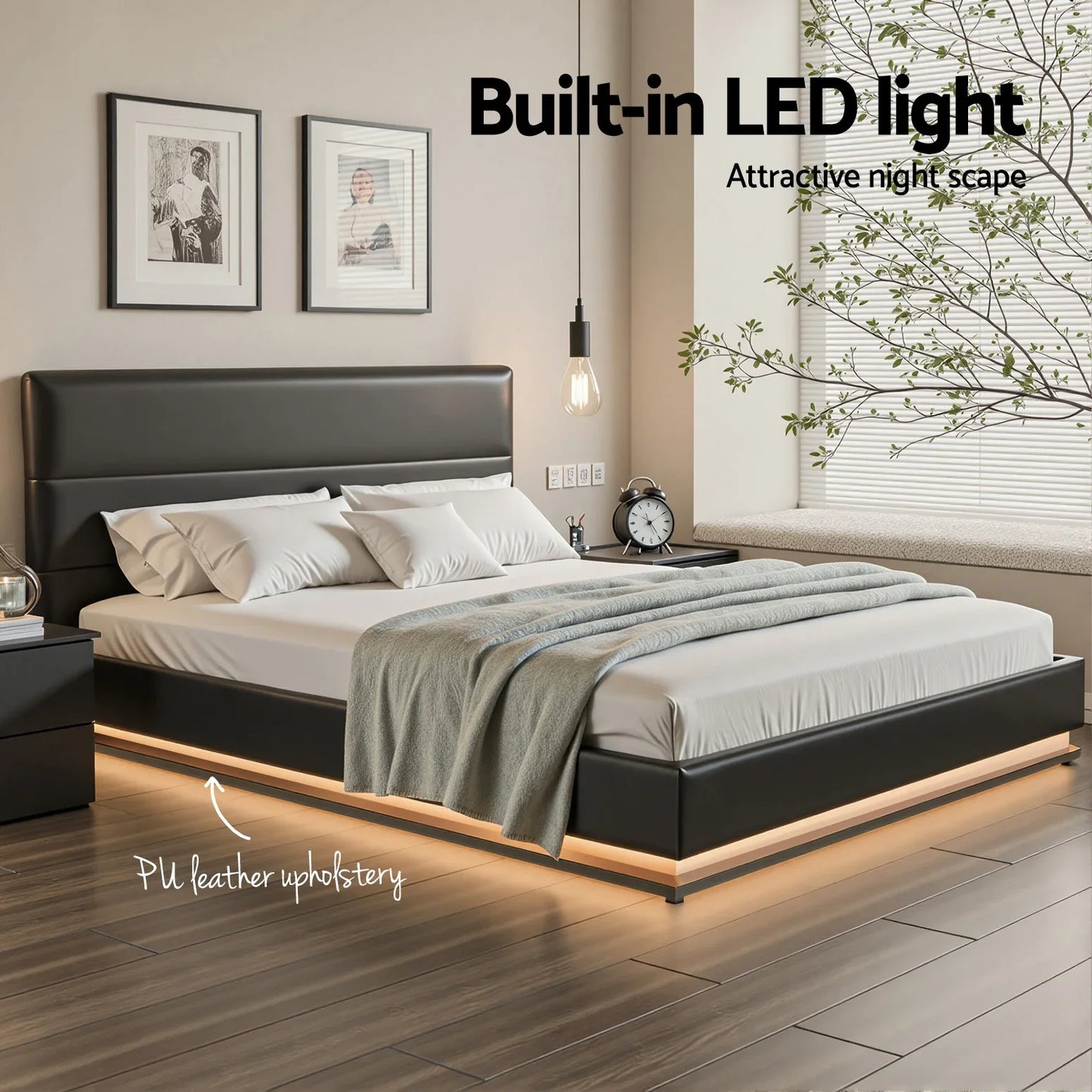 Artiss Bed Frame Queen Size LED Gas Lift Black LUMI - Mekamart Australia