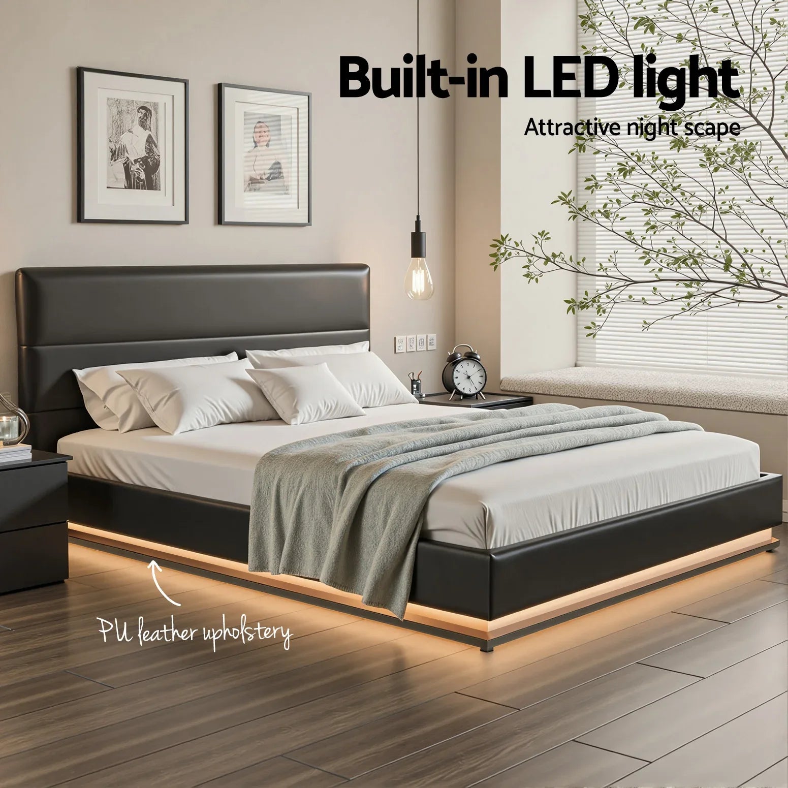 Artiss Bed Frame Queen Size LED Gas Lift Black LUMI - Mekamart Australia