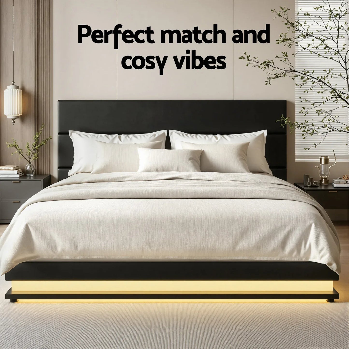 Artiss Bed Frame Queen Size LED Gas Lift Black LUMI - Mekamart Australia