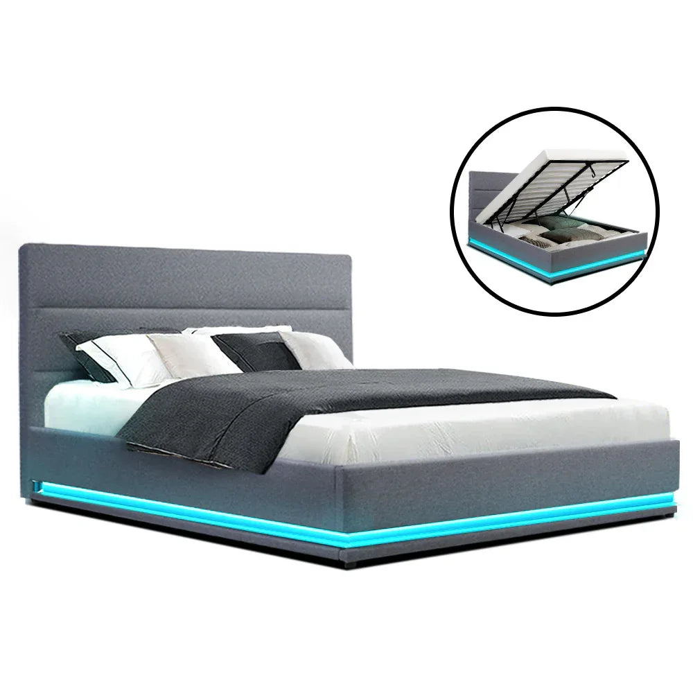 Artiss Bed Frame Queen Size LED Gas Lift Grey LUMI - Mekamart Australia