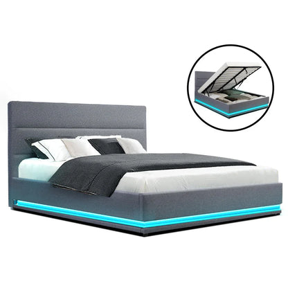 Artiss Bed Frame Queen Size LED Gas Lift Grey LUMI - Mekamart Australia