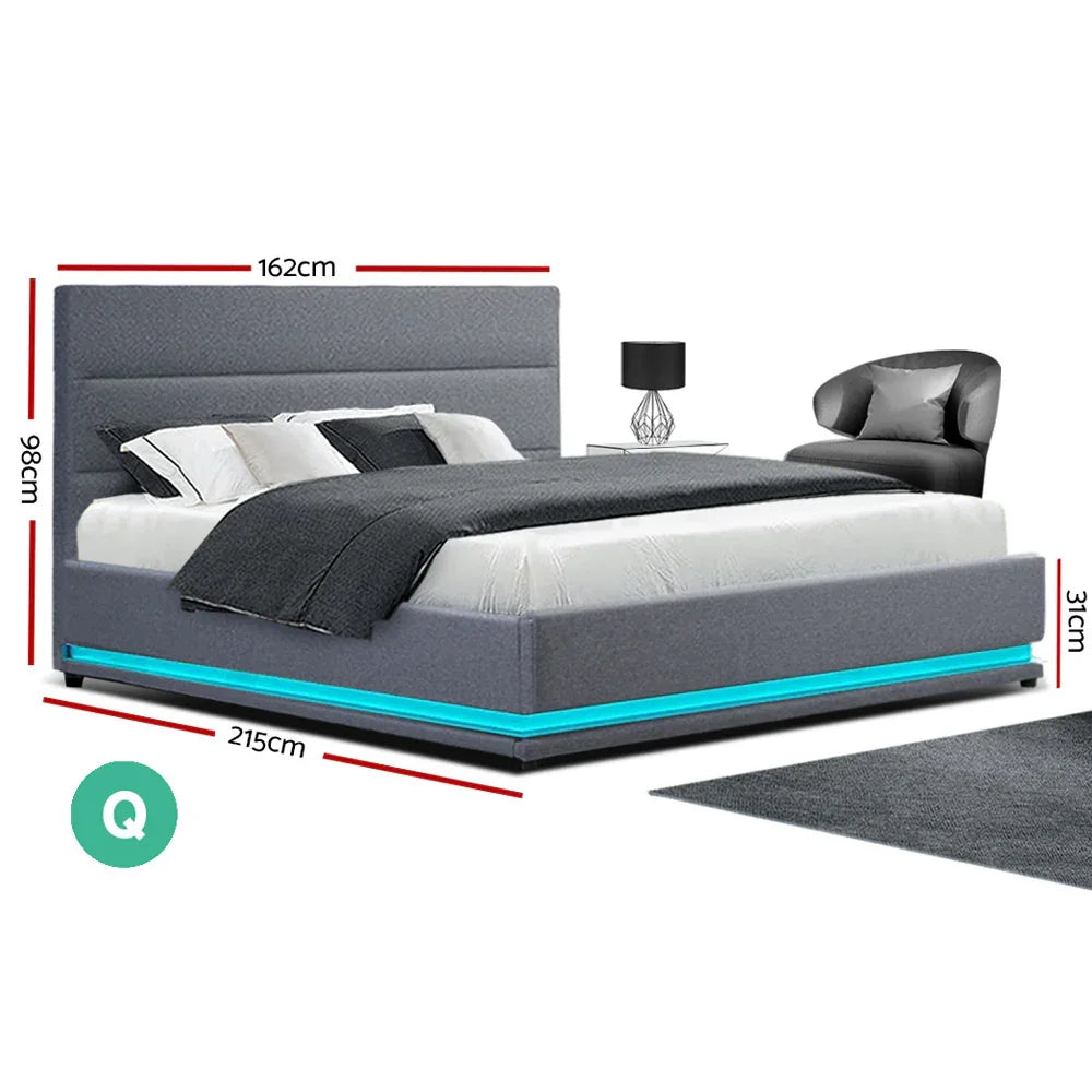 Artiss Bed Frame Queen Size LED Gas Lift Grey LUMI - Mekamart Australia