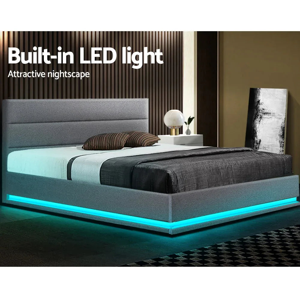 Artiss Bed Frame Queen Size LED Gas Lift Grey LUMI - Mekamart Australia