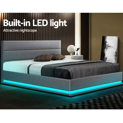 Artiss Bed Frame Queen Size LED Gas Lift Grey LUMI - Mekamart Australia