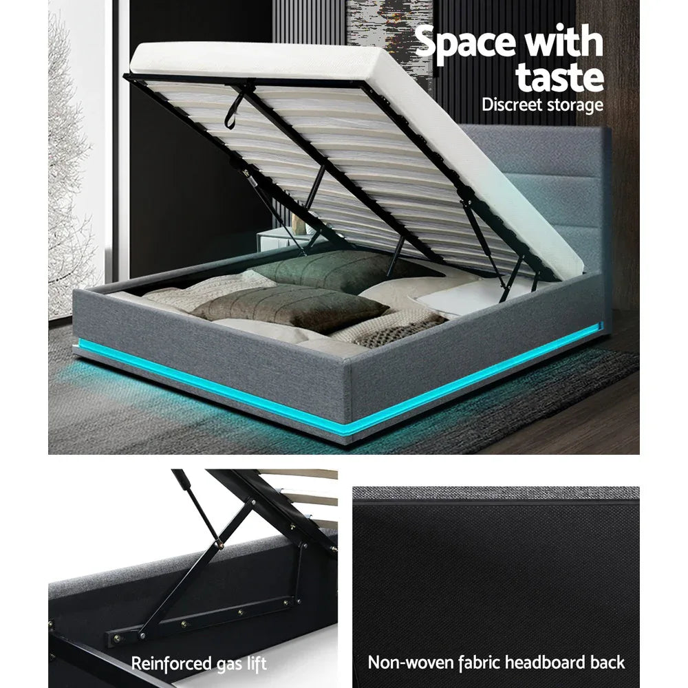 Artiss Bed Frame Queen Size LED Gas Lift Grey LUMI - Mekamart Australia