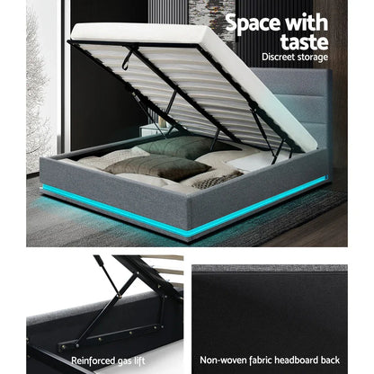 Artiss Bed Frame Queen Size LED Gas Lift Grey LUMI - Mekamart Australia