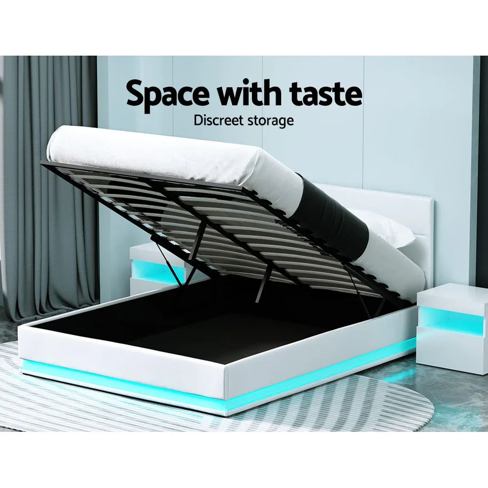 Artiss Bed Frame Queen Size LED Gas Lift White LUMI - Mekamart Australia