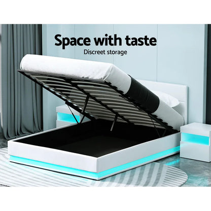 Artiss Bed Frame Queen Size LED Gas Lift White LUMI - Mekamart Australia