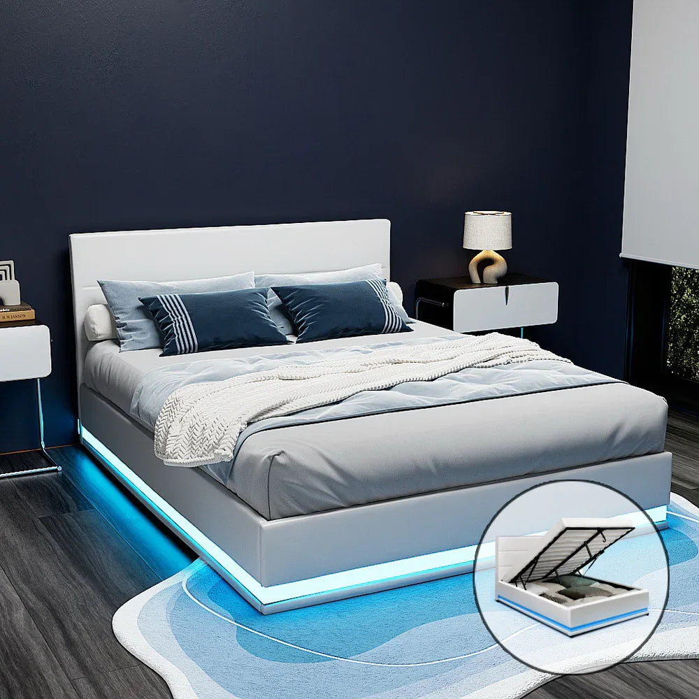 Artiss Bed Frame Queen Size LED Gas Lift White LUMI - Mekamart Australia