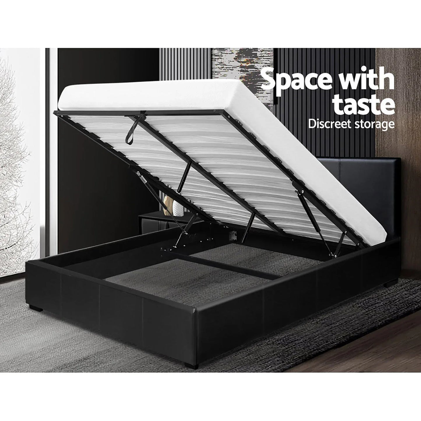 Artiss Bed Frame Queen Size Gas Lift Black NINO - Mekamart Australia