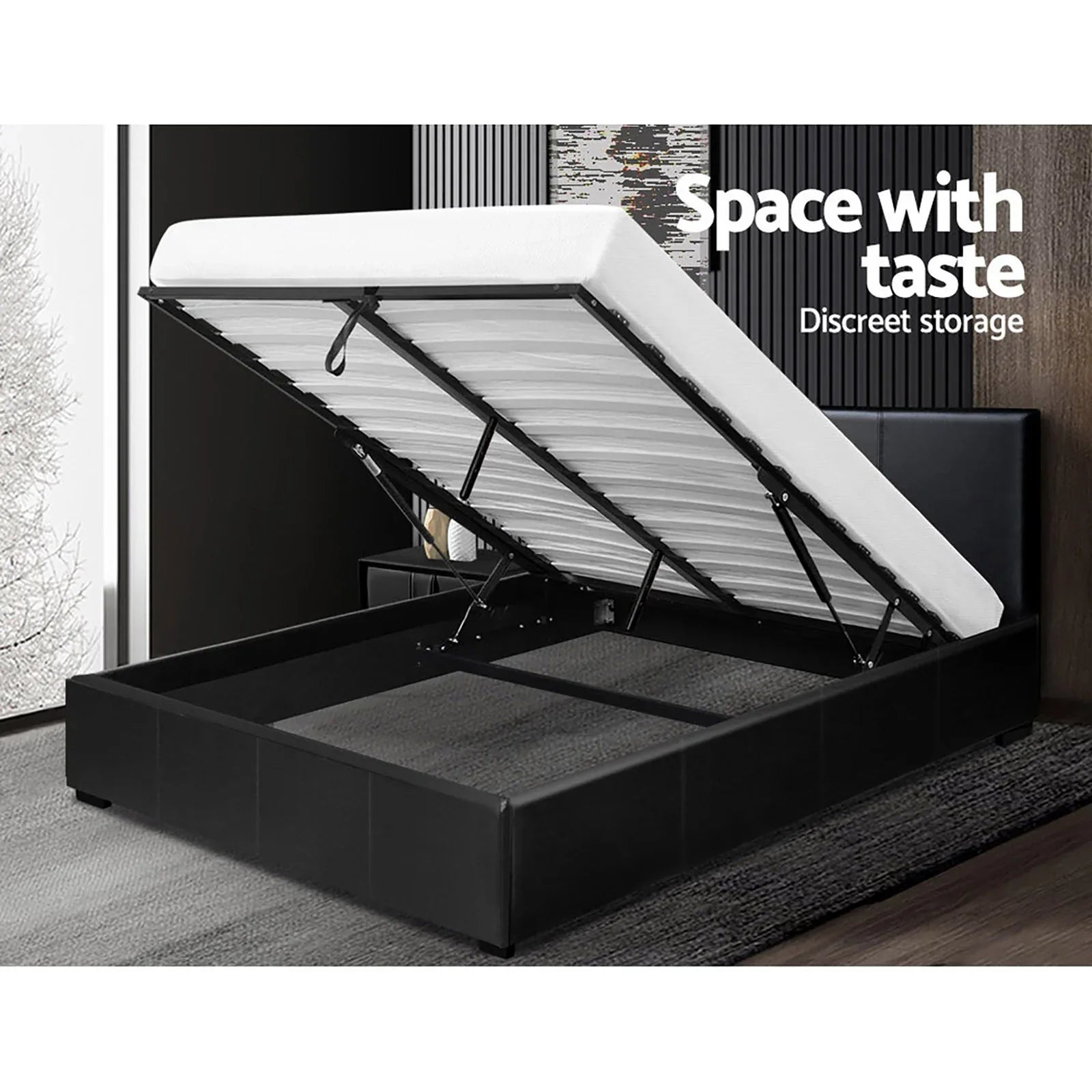 Artiss Bed Frame Queen Size Gas Lift Black NINO - Mekamart Australia