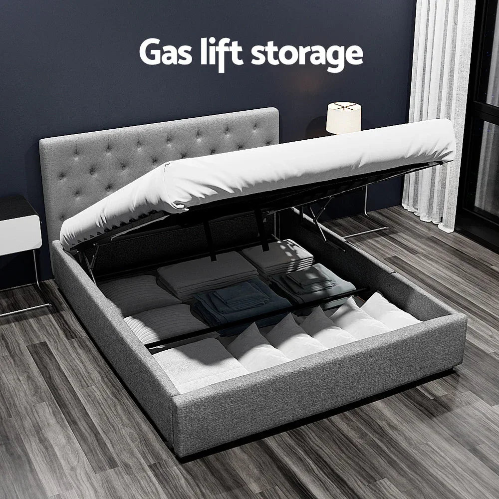 Artiss Bed Frame Queen Size Gas Lift Grey VILA - Mekamart Australia