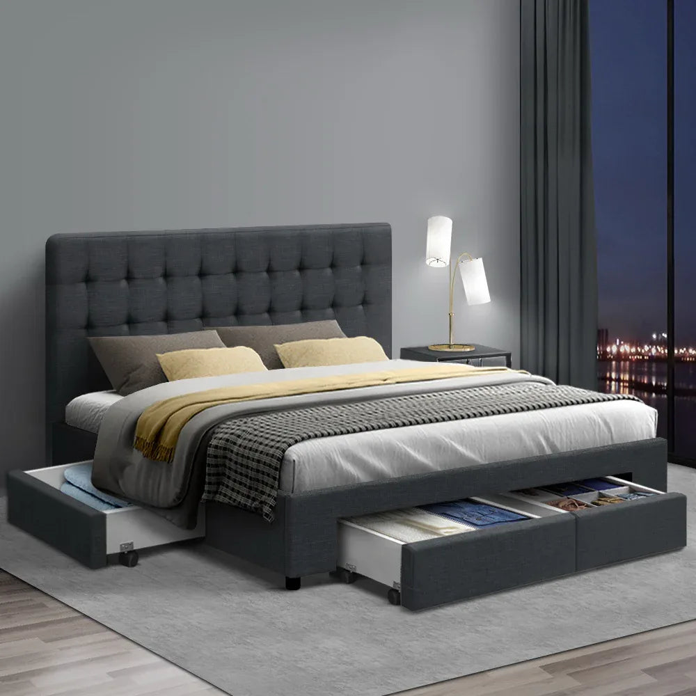 Artiss Bed Frame Double Size with 4 Drawers Grey AVIO - Mekamart Australia