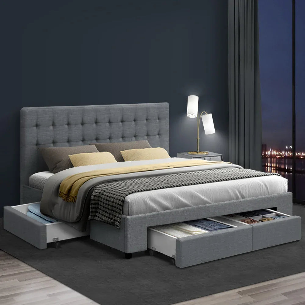 Artiss Bed Frame Queen Size with 4 Drawers Grey AVIO - Mekamart Australia