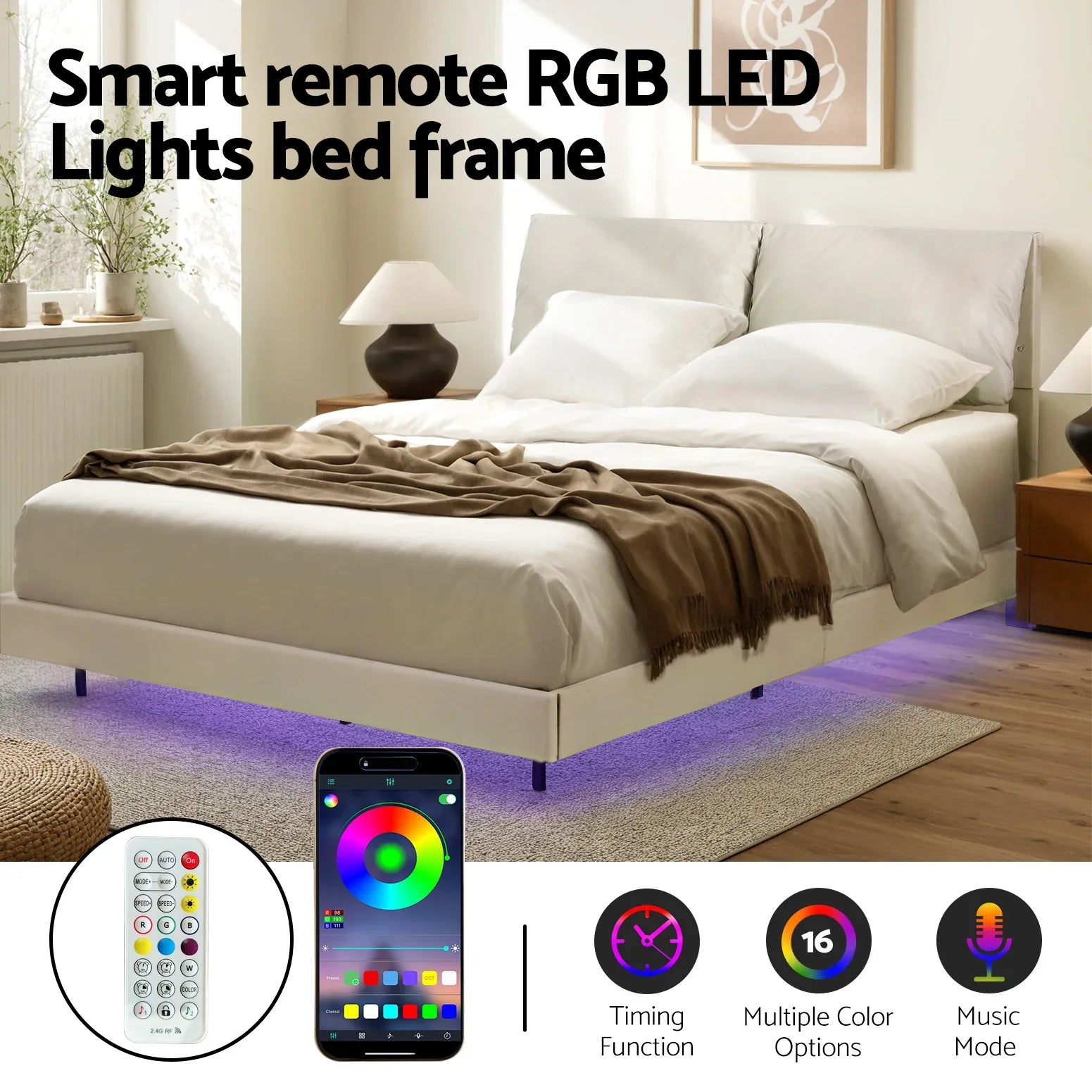 Artiss Double Bed Frame RGB LED Floating Beds Adjustable Headboard Beige White - Mekamart Australia