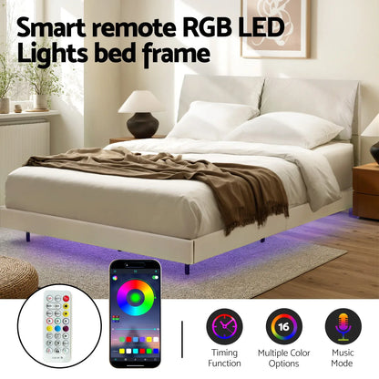 Artiss Double Bed Frame RGB LED Floating Beds Adjustable Headboard Beige White - Mekamart Australia