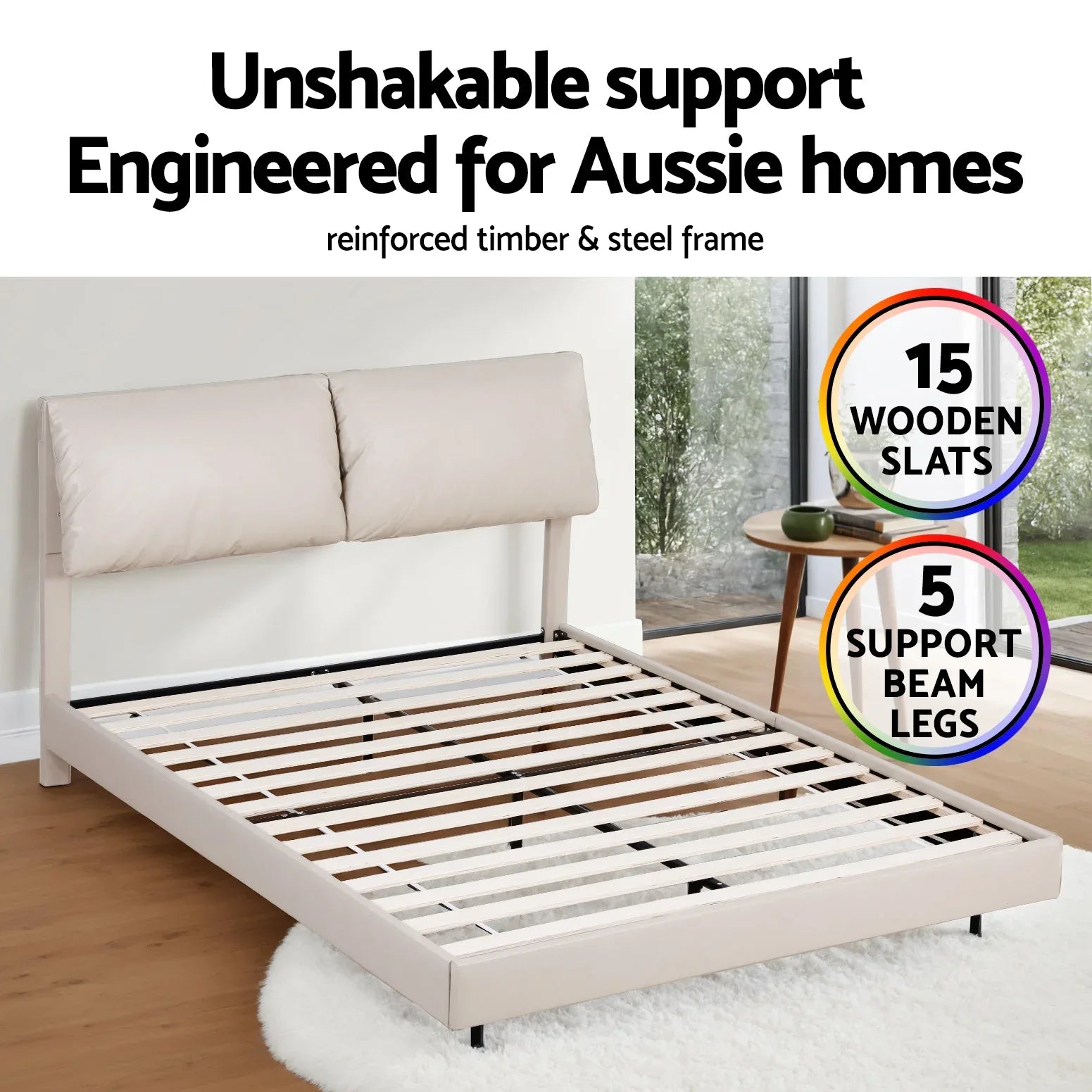 Artiss Queen Bed Frame RGB LED Floating Beds Adjustable Headboard Beige White - Mekamart Australia