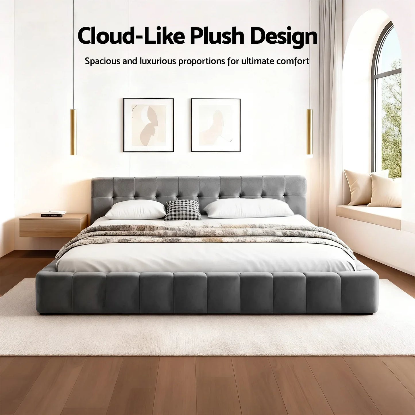 Artiss King Size Bed Frame Plush Soft Headboard Velvet Platform Base for Modern Bedrooms Grey - Mekamart Australia