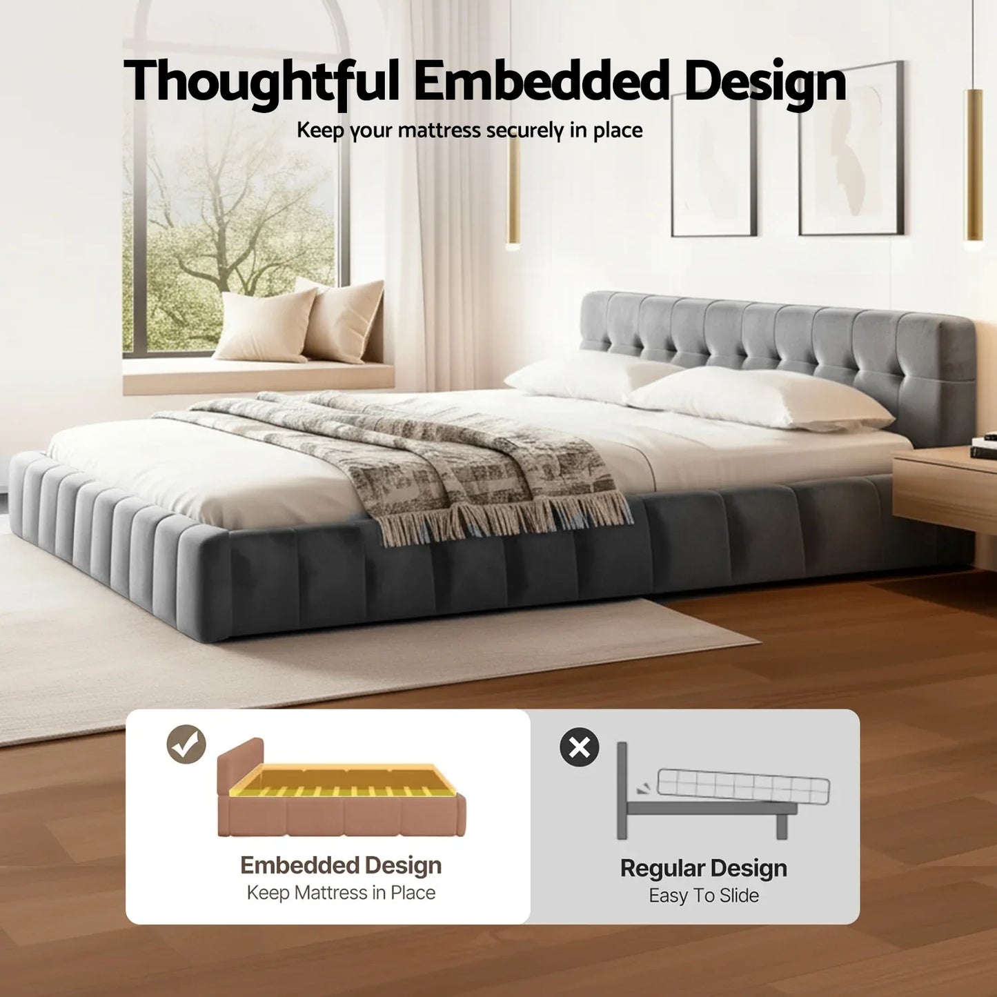 Artiss King Size Bed Frame Plush Soft Headboard Velvet Platform Base for Modern Bedrooms Grey - Mekamart Australia