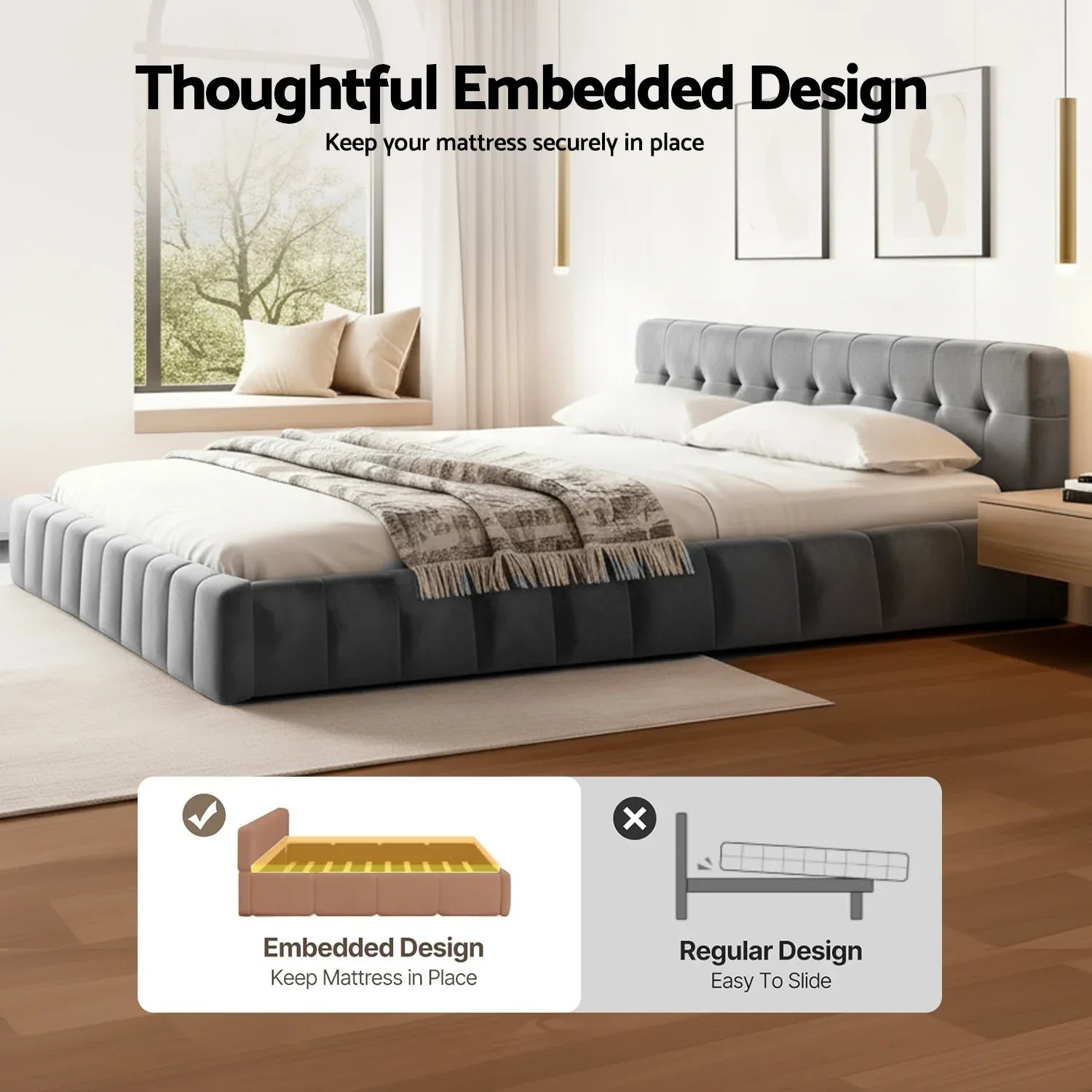 Artiss King Size Bed Frame Plush Soft Headboard Velvet Platform Base for Modern Bedrooms Grey - Mekamart Australia