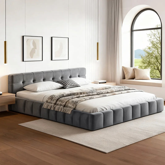 Artiss Queen Size Bed Frame Plush Soft Headboard Velvet Platform Base for Modern Bedrooms Grey - Mekamart Australia