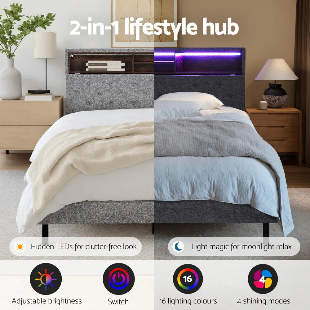 Artiss Bed Frame Double Size LED Mattress Base Platform with Storage Shelf Hidden Storage Box Grey - Mekamart Australia