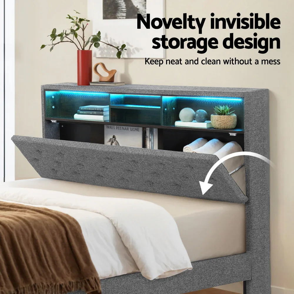 Artiss Bed Frame Double Size LED Mattress Base Platform with Storage Shelf Hidden Storage Box Grey - Mekamart Australia