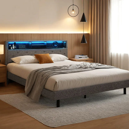 Artiss Bed Frame Double Size LED Mattress Base Platform with Storage Shelf Hidden Storage Box Grey - Mekamart Australia
