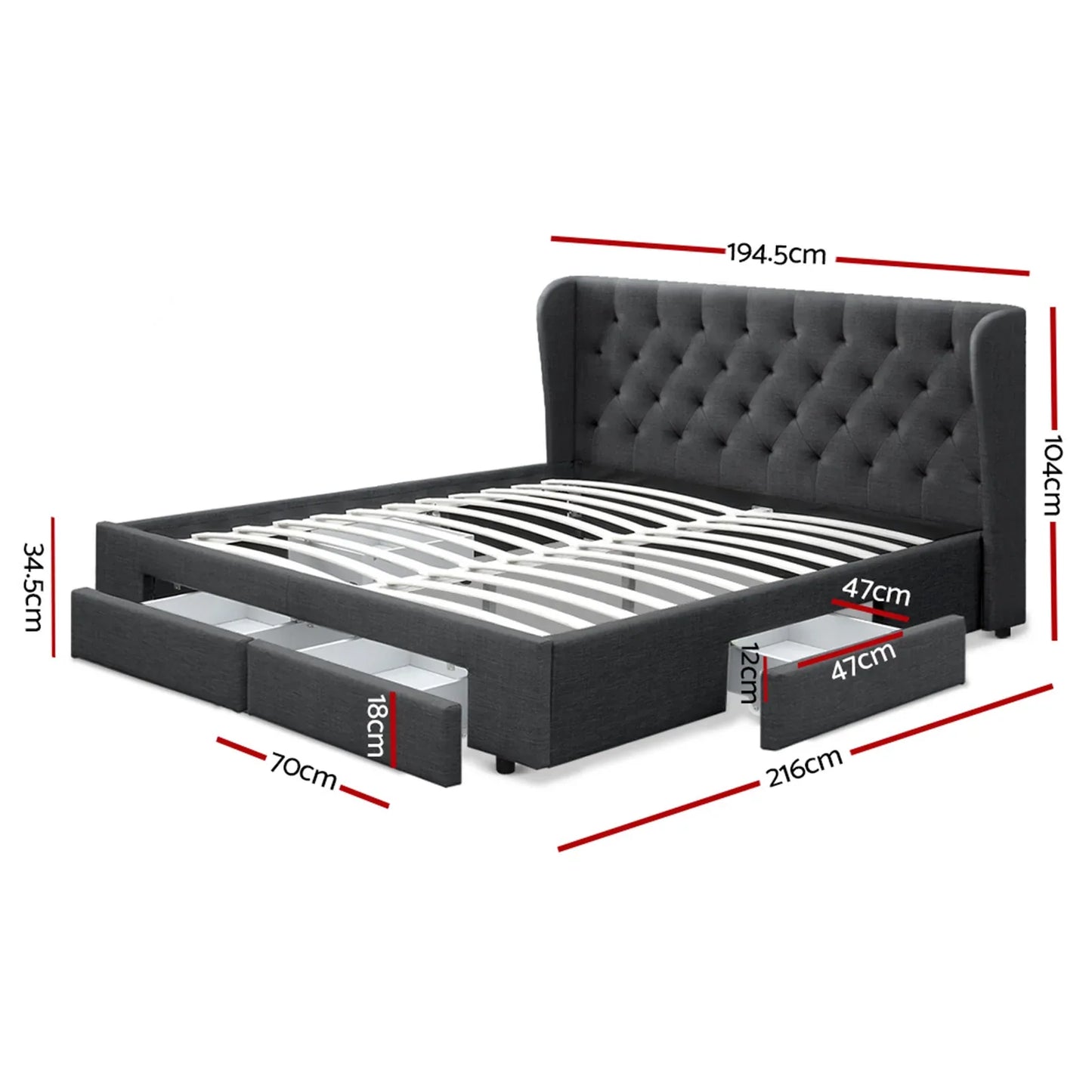 Artiss Bed Frame King Size with 4 Drawers Charcoal MILA - Mekamart Australia