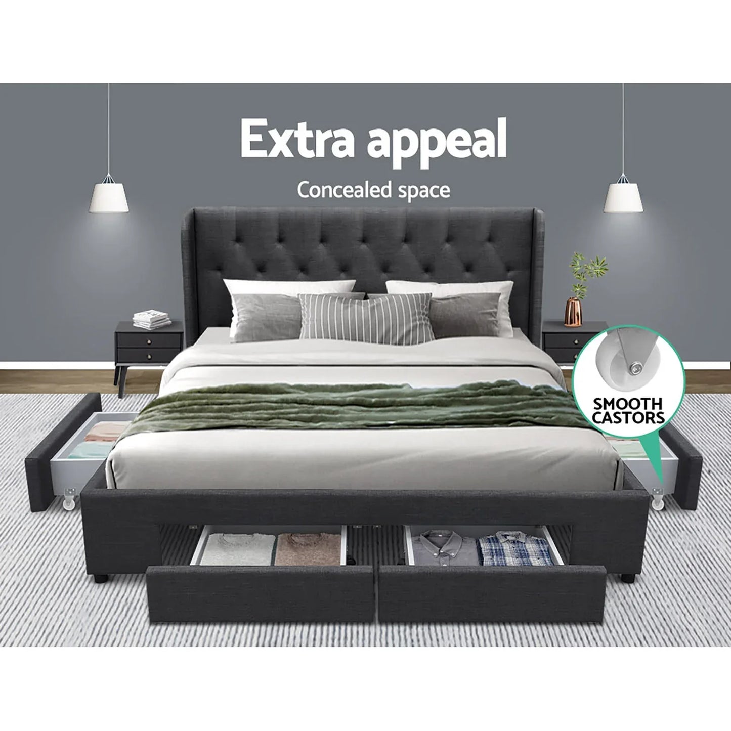 Artiss Bed Frame King Size with 4 Drawers Charcoal MILA - Mekamart Australia