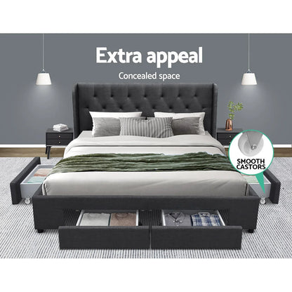 Artiss Bed Frame King Size with 4 Drawers Charcoal MILA - Mekamart Australia
