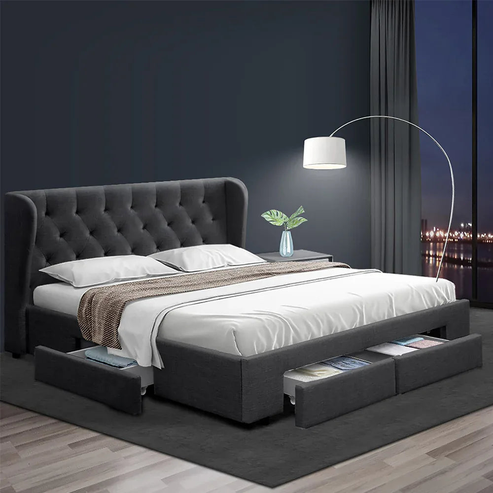 Artiss Bed Frame King Size with 4 Drawers Charcoal MILA - Mekamart Australia