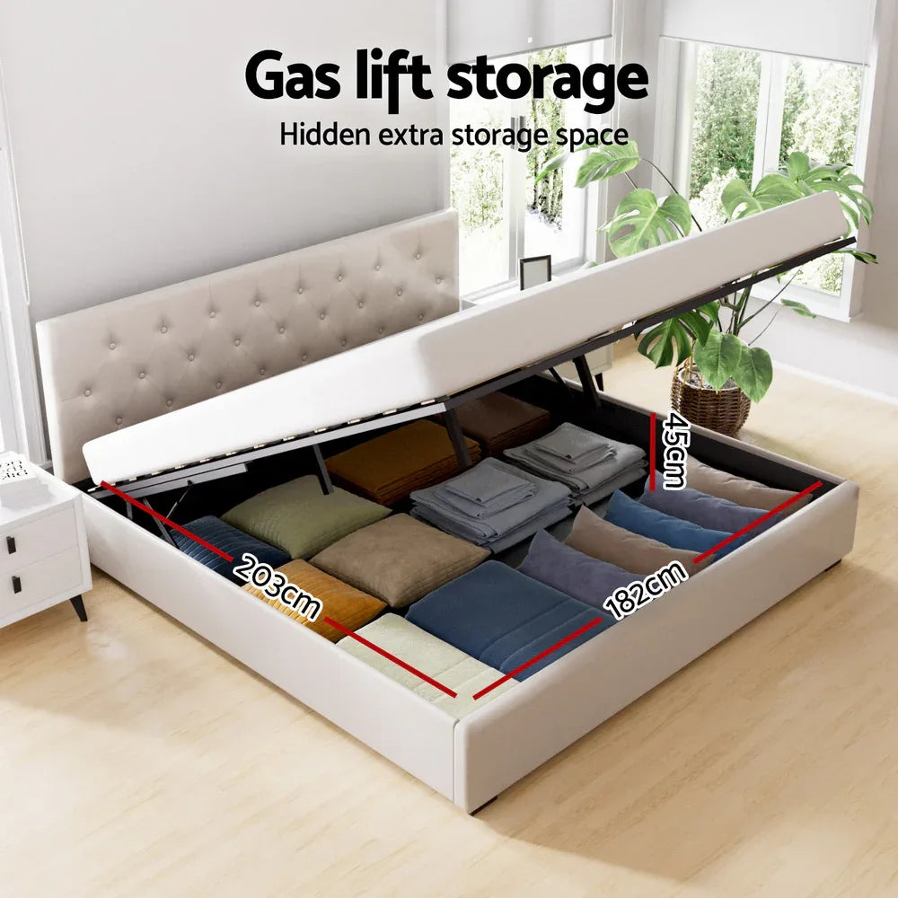 Artiss Bed Frame King Size Gas Lift Beige VILA - Mekamart Australia