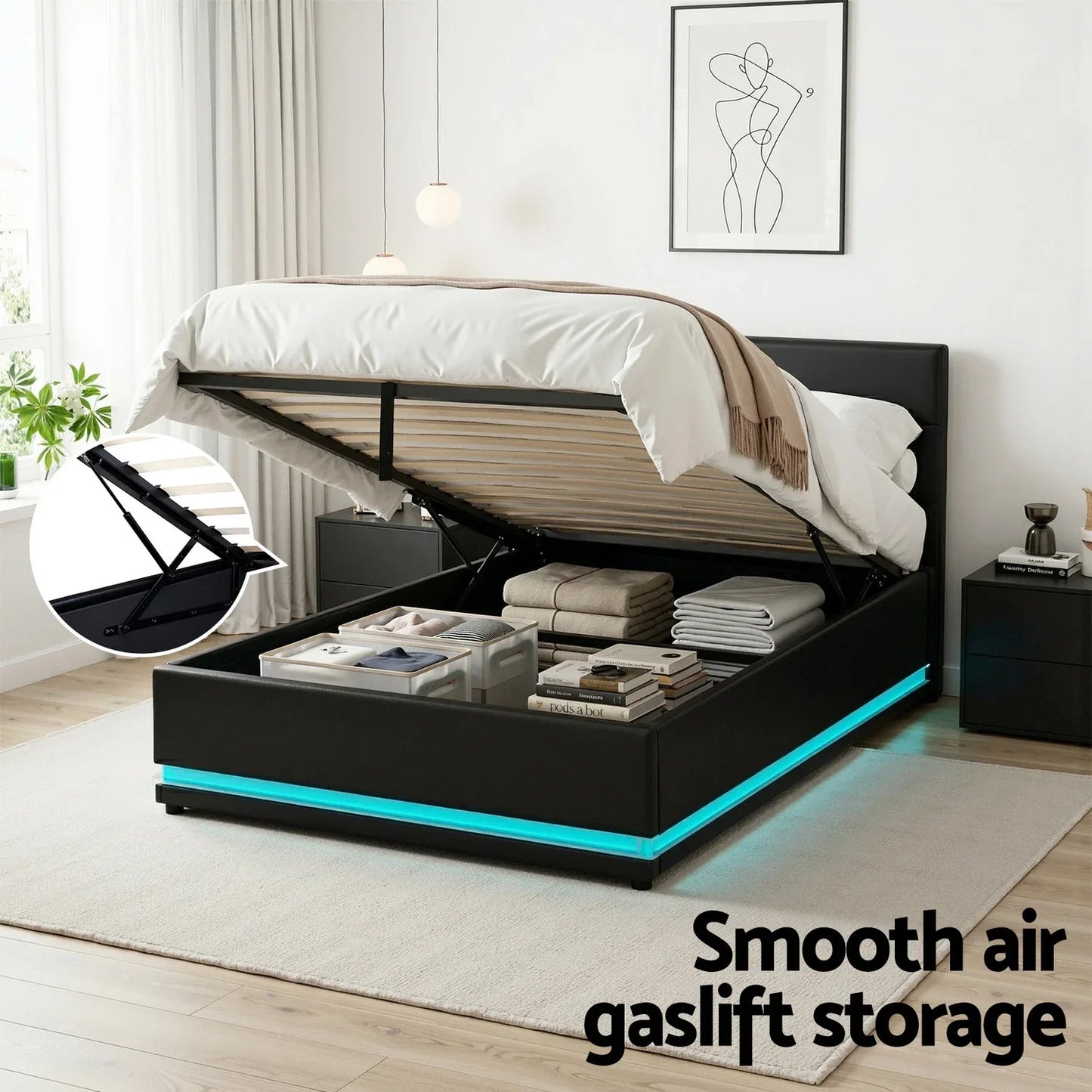 Artiss Bed Frame King Single Size LED Gas Lift Black LUMI - Mekamart Australia