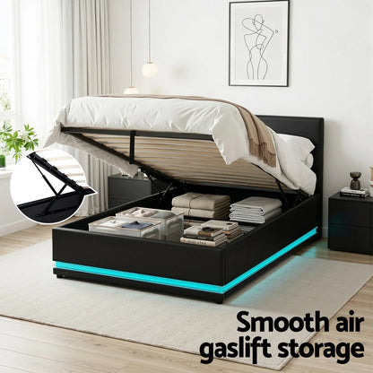 Artiss Bed Frame King Single Size LED Gas Lift Black LUMI - Mekamart Australia