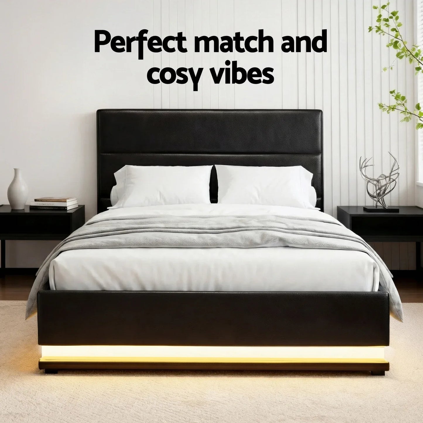 Artiss Bed Frame King Single Size LED Gas Lift Black LUMI - Mekamart Australia