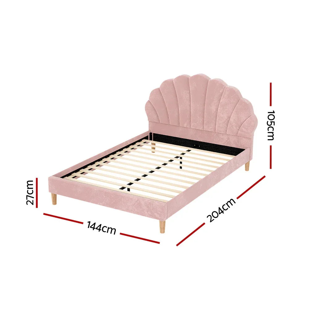 Artiss Bed Frame Double Size Scallop-Shape Bedhead Beds Base Pink Velvet Fabric - Mekamart Australia