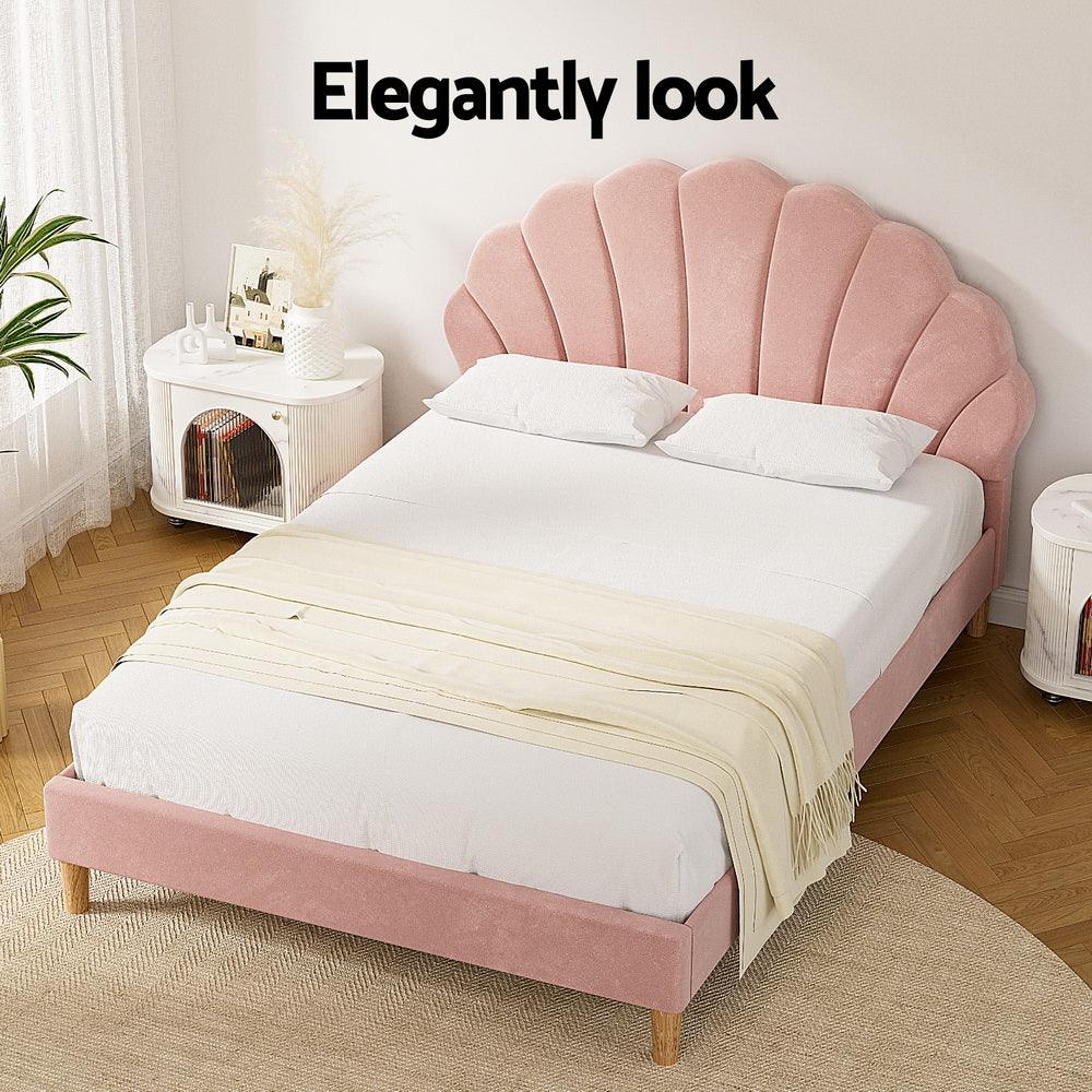 Artiss Bed Frame Double Size Scallop-Shape Bedhead Beds Base Pink Velvet Fabric - Mekamart Australia