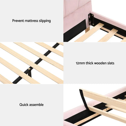 Artiss Bed Frame Double Size Scallop-Shape Bedhead Beds Base Pink Velvet Fabric - Mekamart Australia