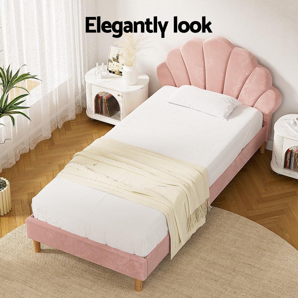 Artiss Bed Frame King Single Size Scallop-Shape Bedhead Beds Base Pink Velvet Fabric - Mekamart Australia