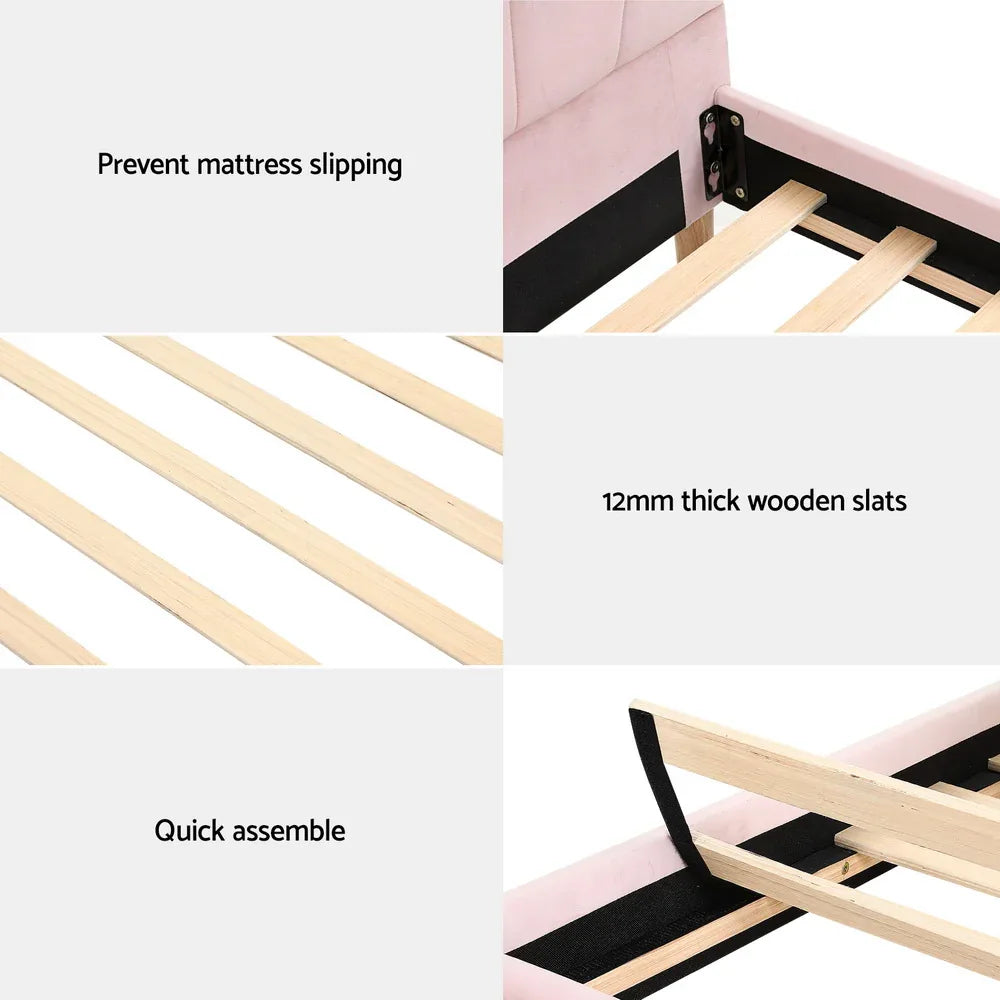 Artiss Bed Frame King Single Size Scallop-Shape Bedhead Beds Base Pink Velvet Fabric - Mekamart Australia