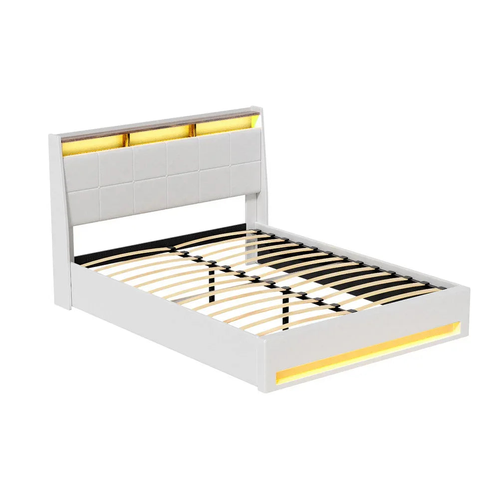 Artiss Bed Frame Gas Lift LED Beds Base Platform White PVC Leather Storage Headboard - Double - Mekamart Australia
