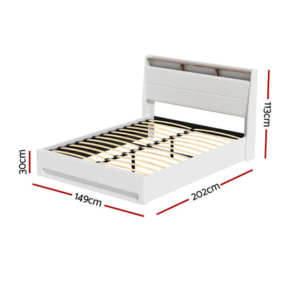 Artiss Bed Frame Gas Lift LED Beds Base Platform White PVC Leather Storage Headboard - Double - Mekamart Australia