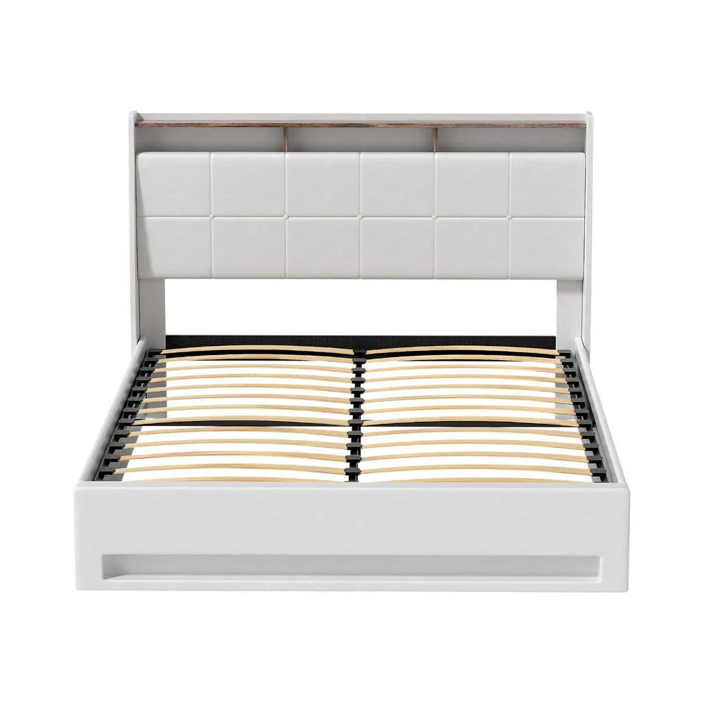 Artiss Bed Frame Gas Lift LED Beds Base Platform White PVC Leather Storage Headboard - Double - Mekamart Australia