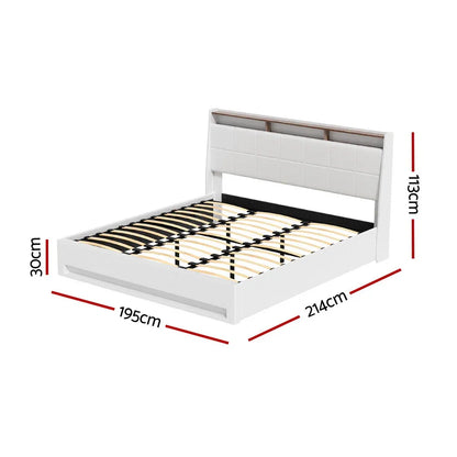 Artiss Bed Frame Gas Lift LED Beds Base Platform White PVC Leather Storage Headboard - King - Mekamart Australia
