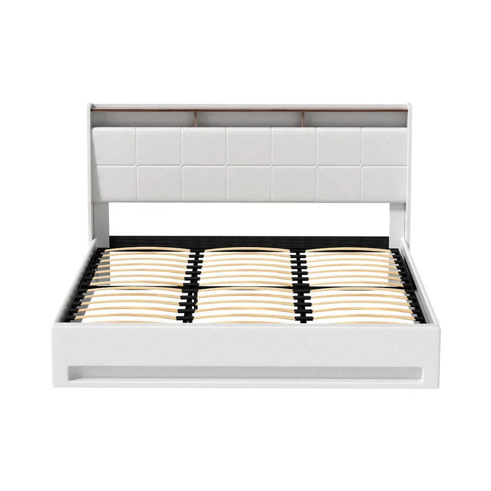 Artiss Bed Frame Gas Lift LED Beds Base Platform White PVC Leather Storage Headboard - King - Mekamart Australia