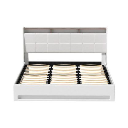 Artiss Bed Frame Gas Lift LED Beds Base Platform White PVC Leather Storage Headboard - King - Mekamart Australia