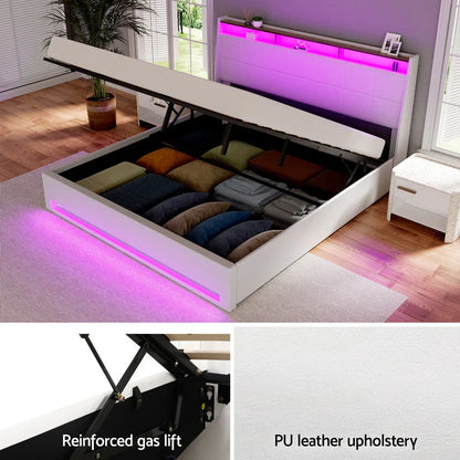 Artiss Bed Frame Gas Lift LED Beds Base Platform White PVC Leather Storage Headboard - King - Mekamart Australia