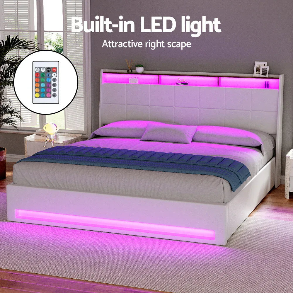Artiss Bed Frame Gas Lift LED Beds Base Platform White PVC Leather Storage Headboard - King - Mekamart Australia