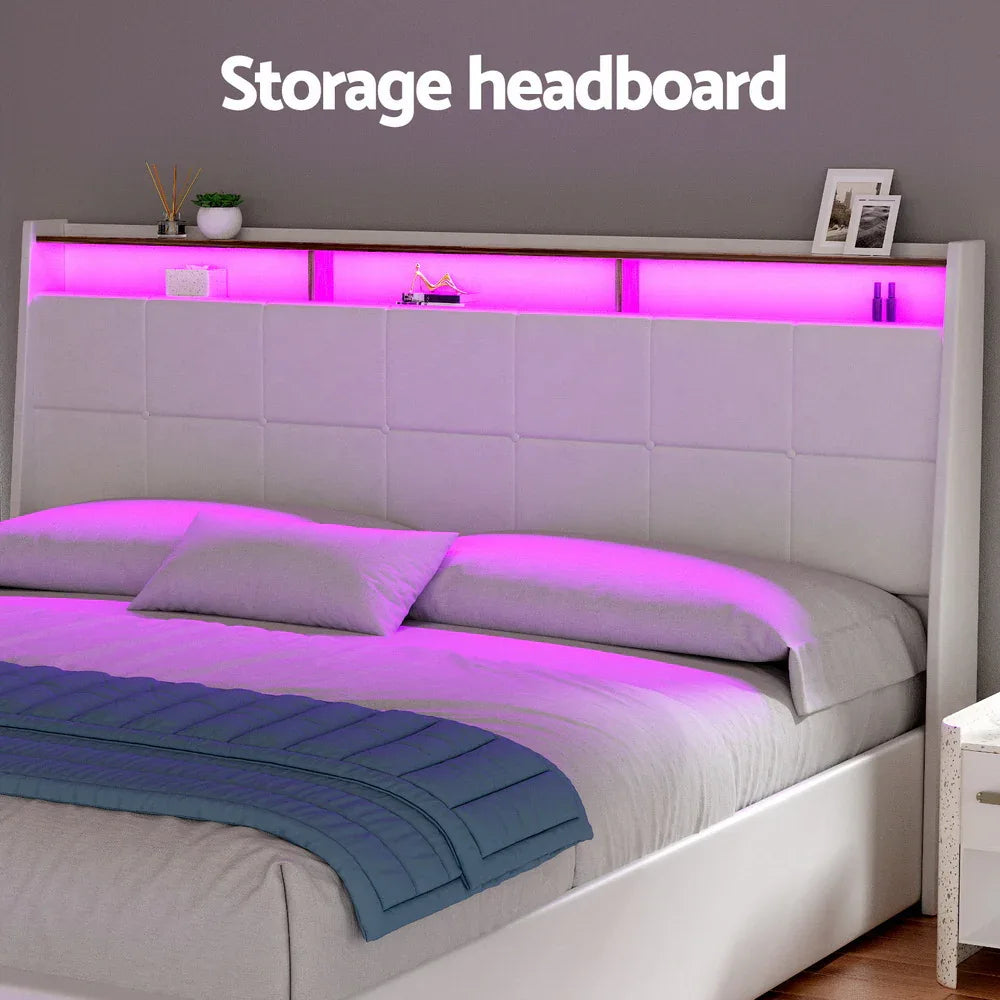 Artiss Bed Frame Gas Lift LED Beds Base Platform White PVC Leather Storage Headboard - King - Mekamart Australia